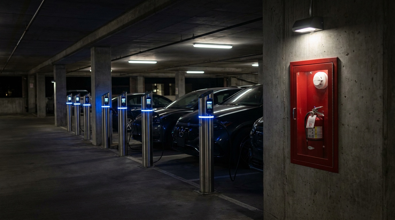 2026 model elektrikli araç şarj istasyonu yangın güvenliği ve söndürme sistemleri ana görseli.